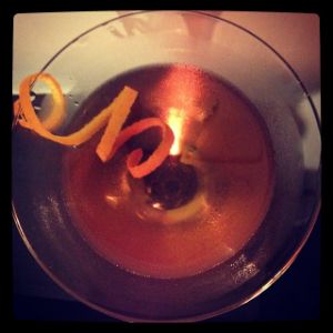 An Instagram of the The Corsican cocktail submitted by n0tquitethere that contains Bourbon, Gold Rum, Falernum, Sweet Vermouth, Orange Bitters and Orange