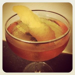 An Instagram of the Tin Can Telephone cocktail submitted by n0tquitethere that contains Apple Brandy, Sweet Vermouth, Suze, Benedictine DOM, Orange Bitters and Lemon