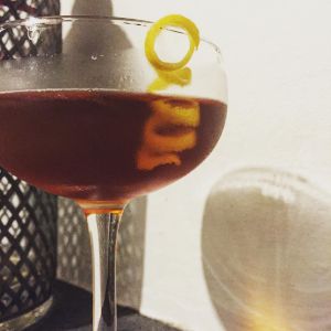 An Instagram of the Up To Date cocktail submitted by n0tquitethere that contains Rye Whiskey, Manzanilla Sherry, Grand Marnier, Angostura Bitters and Lemon