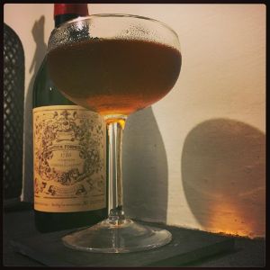 An Instagram of the Warday's cocktail submitted by n0tquitethere that contains London Dry Gin, Apple Brandy, Sweet Vermouth and Green Chartreuse