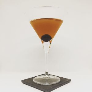 An Instagram of the The Widow's Kiss cocktail submitted by n0tquitethere that contains Apple Brandy, Green Chartreuse, Benedictine DOM, Angostura Bitters and Cocktail Cherry